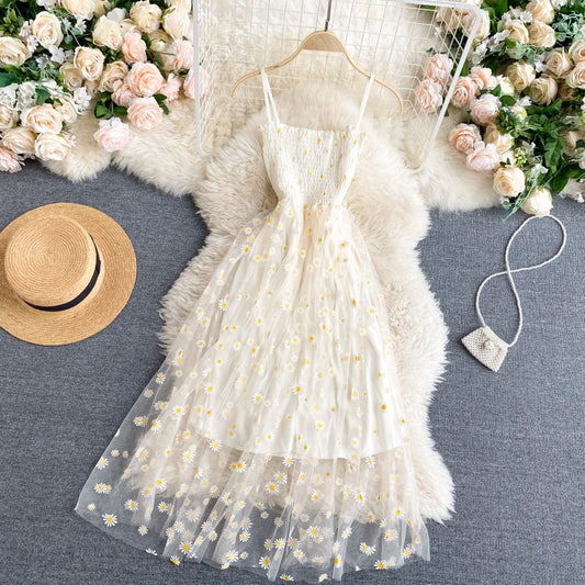 Daisy Flower Print Mesh Party Dress