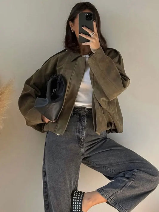 Casual Brown Green Suede Jacket