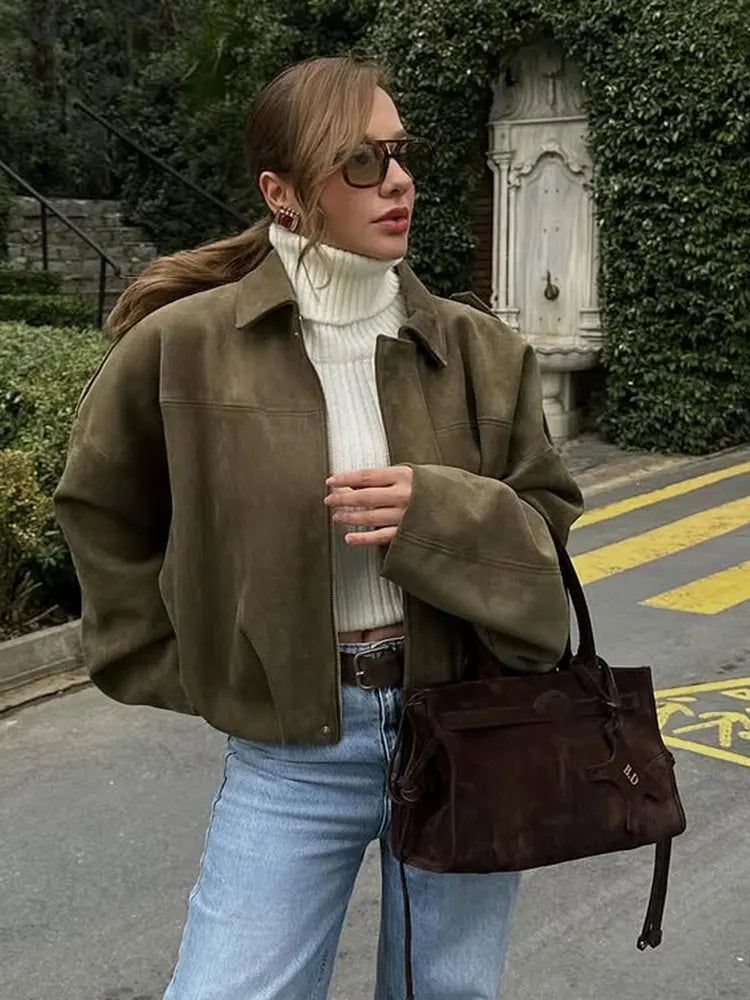 Casual Brown Green Suede Jacket