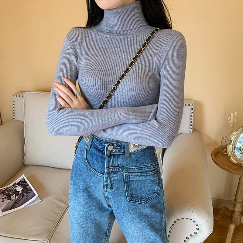 Knitted Foldover Turtleneck Ribbed Pull Sweater