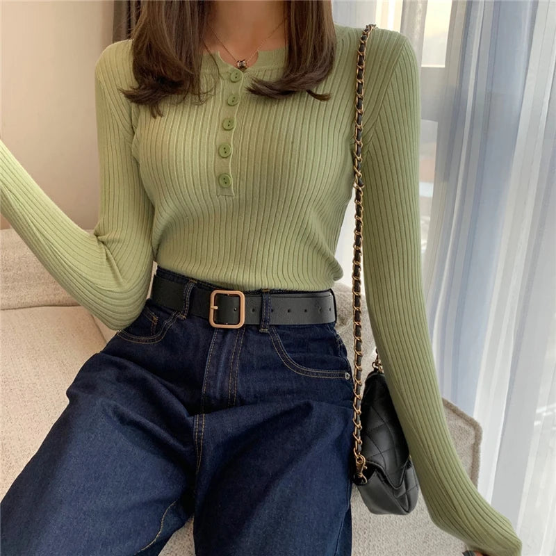 Basic Button O-neck Knitted Sweater