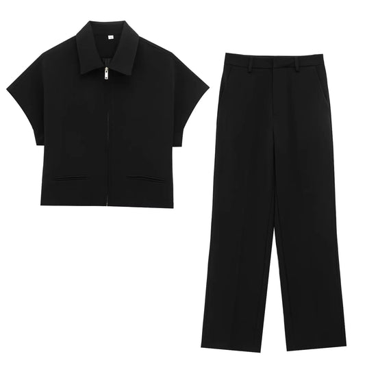Slim Lapel Zipper Short Sleeve Coat Top
