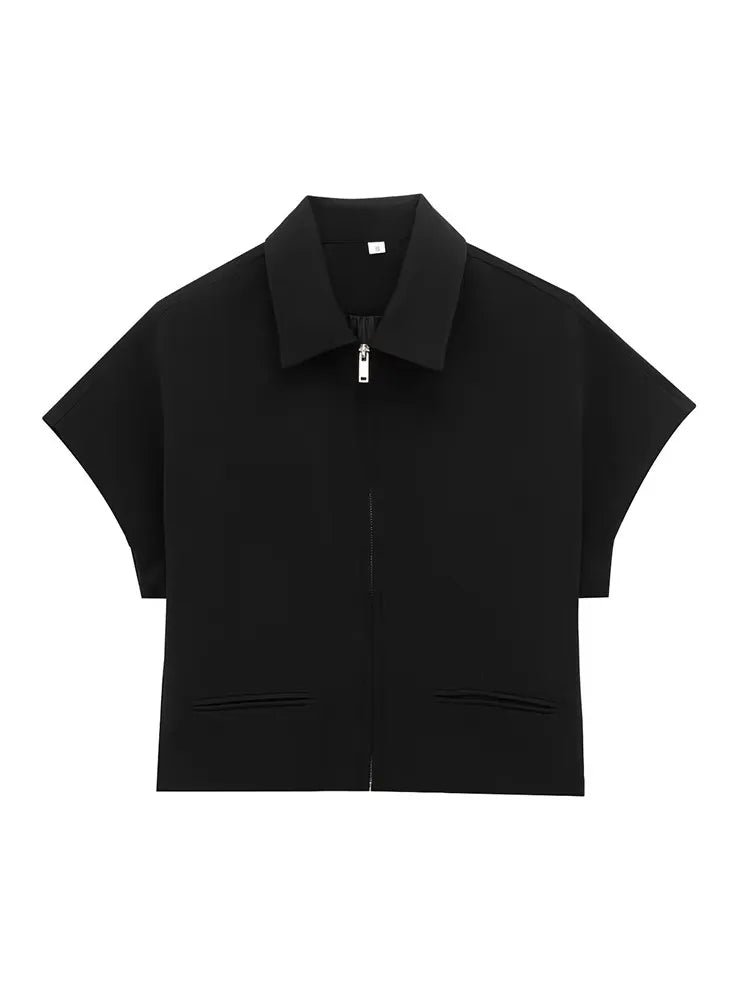 Slim Lapel Zipper Short Sleeve Coat Top