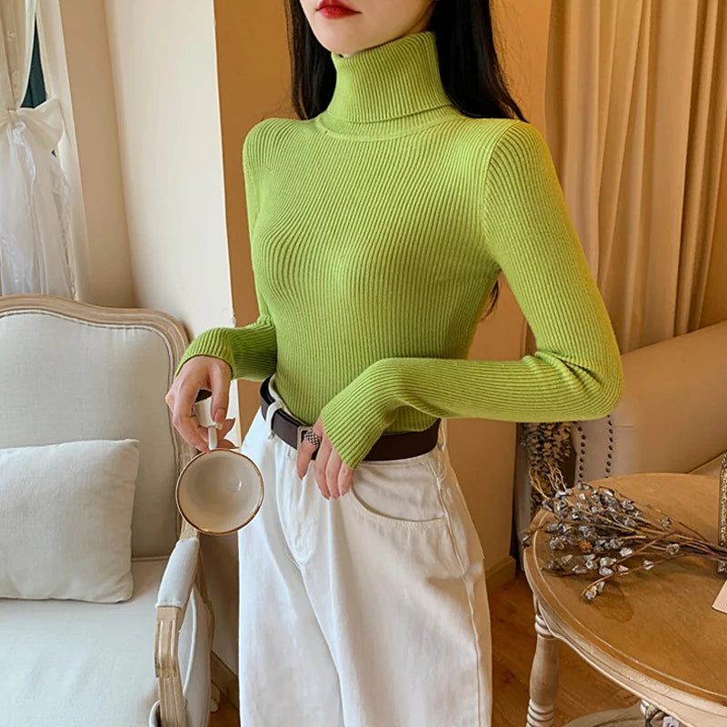 Knitted Foldover Turtleneck Ribbed Pull Sweater