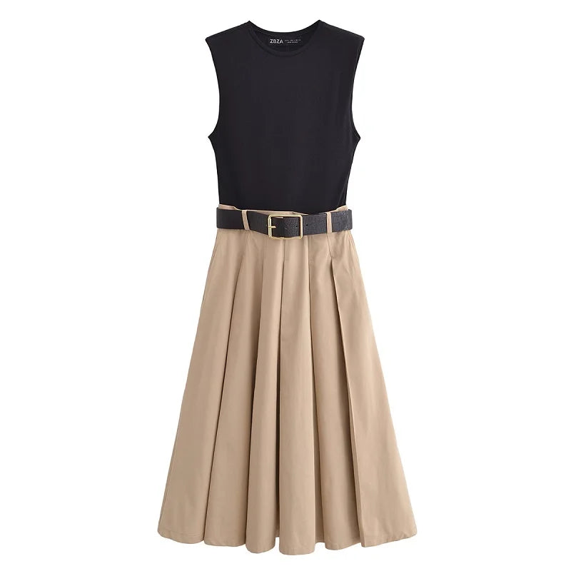 Belt Pleated Midi Dress