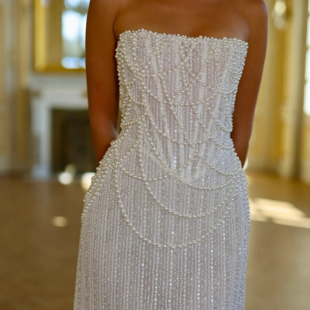 White Pearls Beading Prom Dress