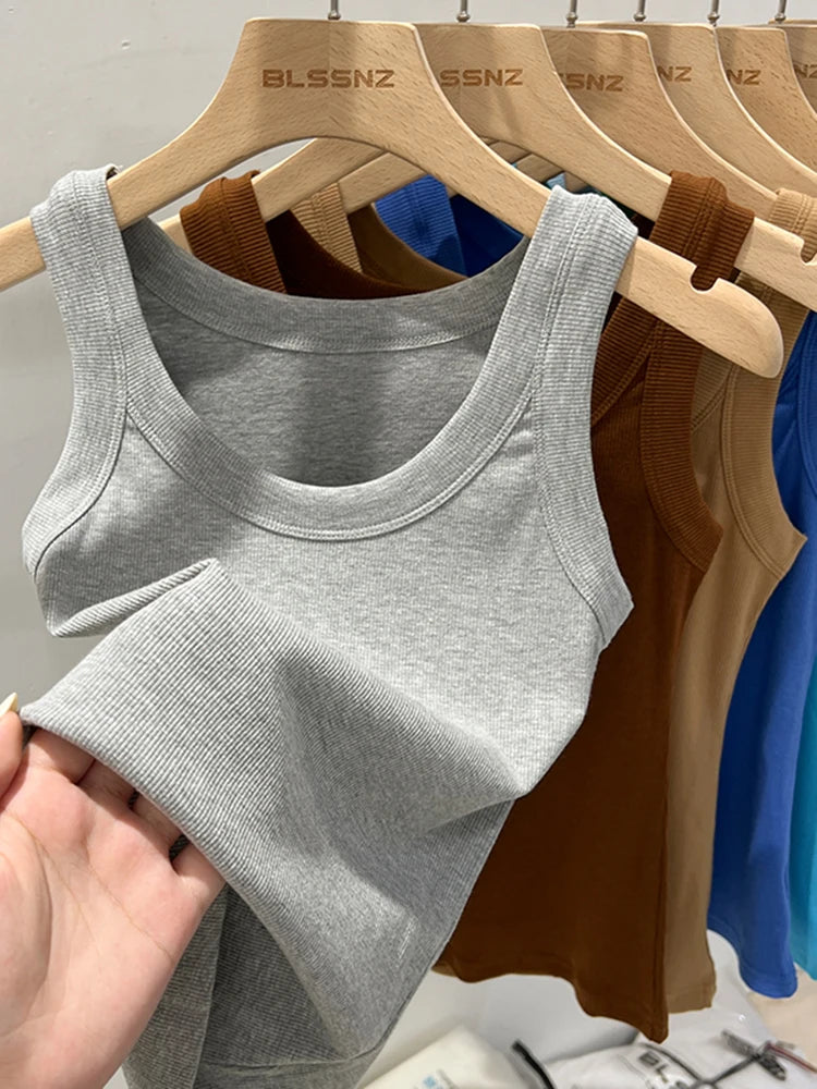 Solid Round Neck Ribbed Tank Top Camisole