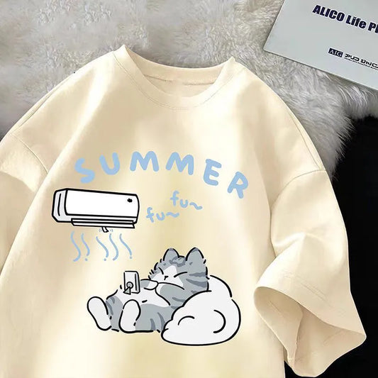 Cartoon Cute Cat Fun Print Short Sleeve T-shirt