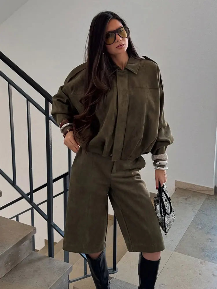 Casual Brown Green Suede Jacket