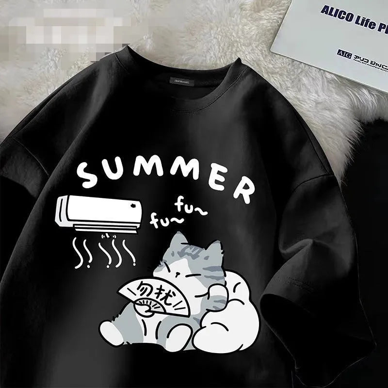 Cartoon Cute Cat Fun Print Short Sleeve T-shirt