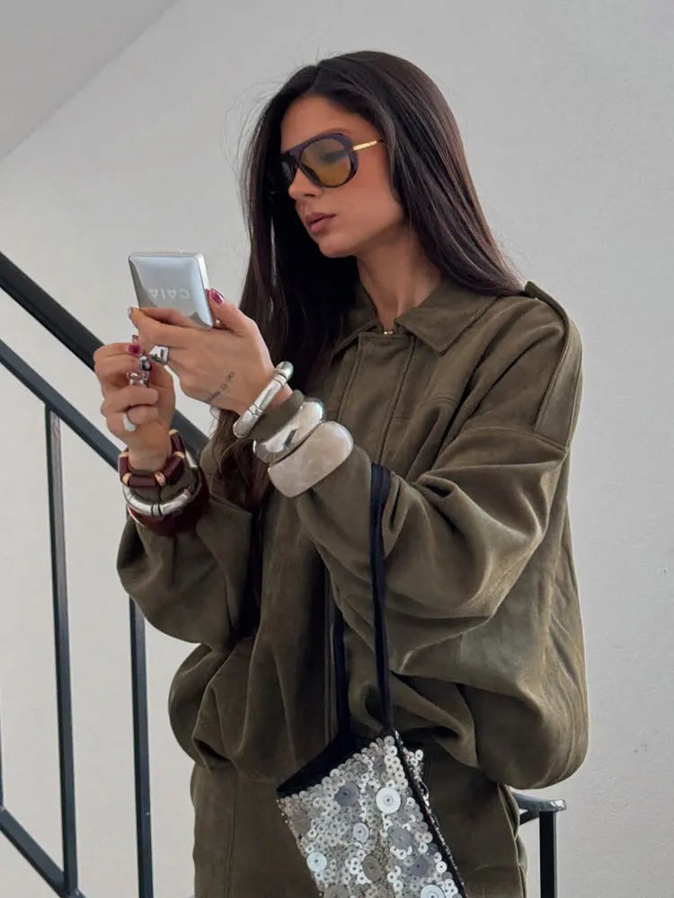 Casual Brown Green Suede Jacket