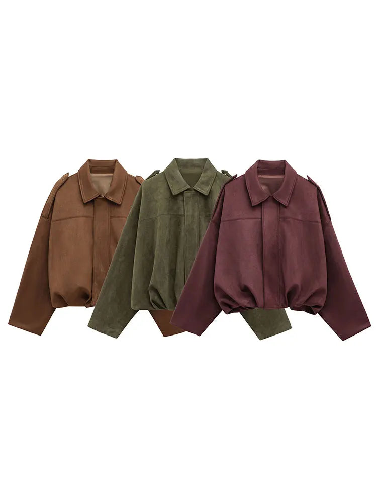 Casual Brown Green Suede Jacket