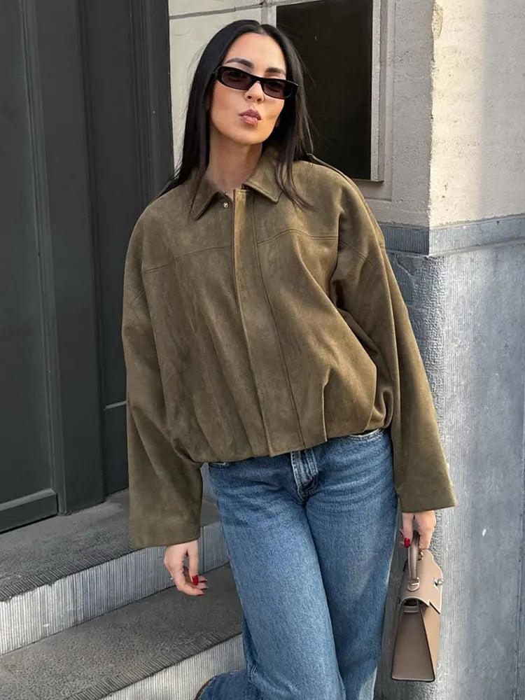 Casual Brown Green Suede Jacket