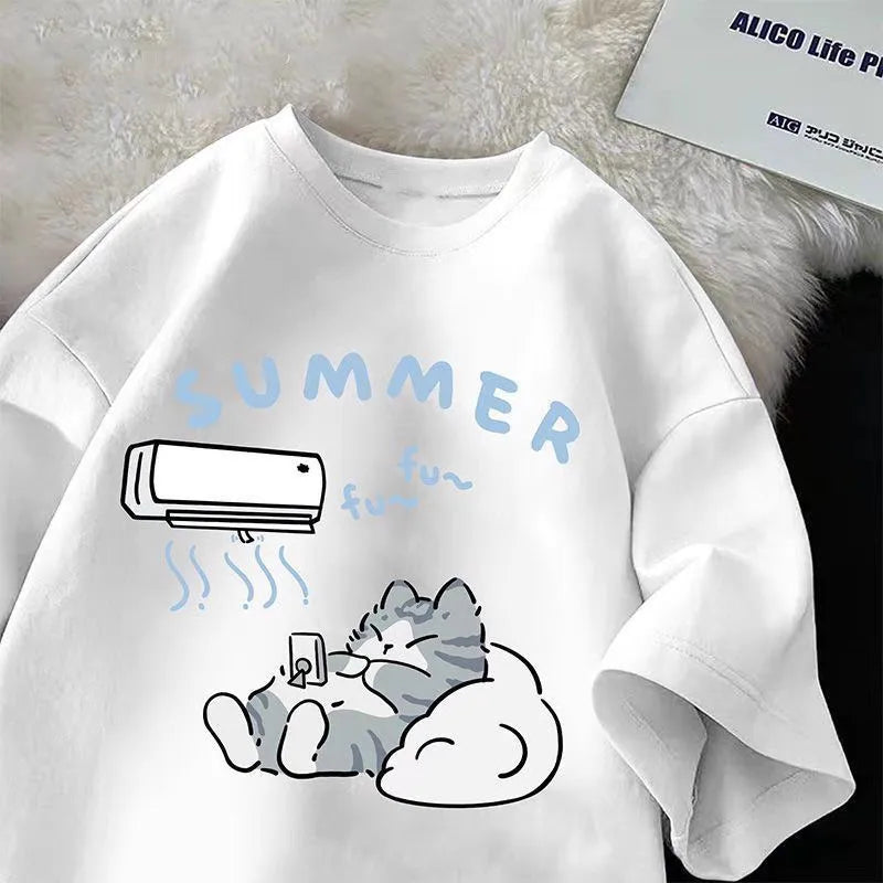 Cartoon Cute Cat Fun Print Short Sleeve T-shirt
