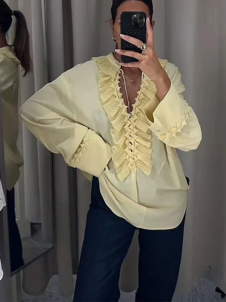 Vintage Chic Ruffles Tie Up Blouse