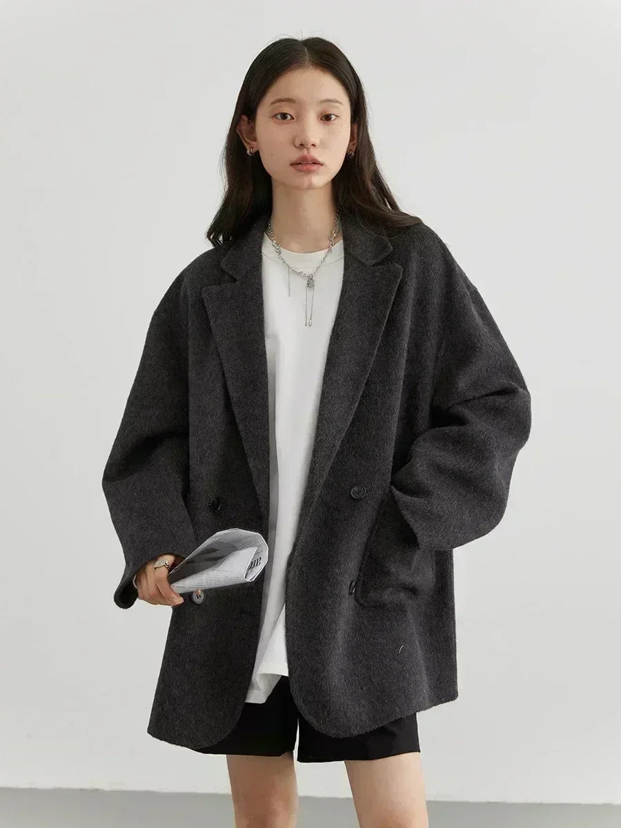 Loose Woolen Casual Double Breasted Jacket