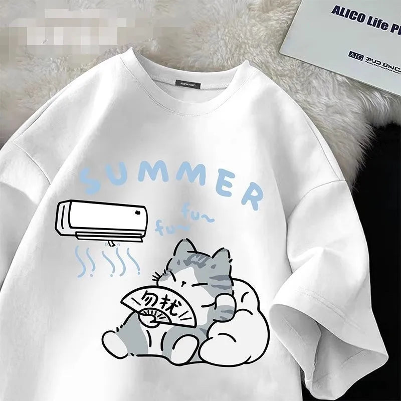 Cartoon Cute Cat Fun Print Short Sleeve T-shirt
