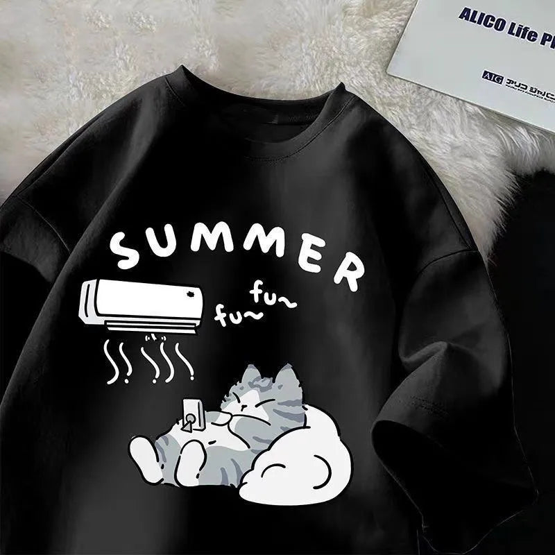 Cartoon Cute Cat Fun Print Short Sleeve T-shirt