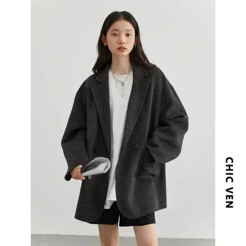 Loose Woolen Casual Double Breasted Jacket