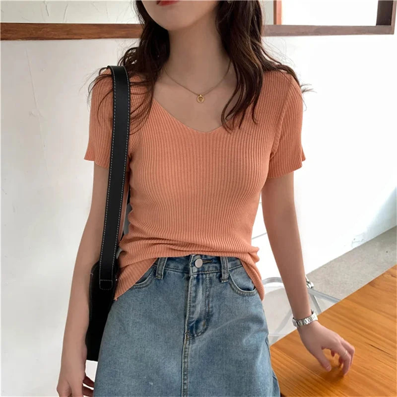 Solid Knitted Ribbed Pullover Sweater