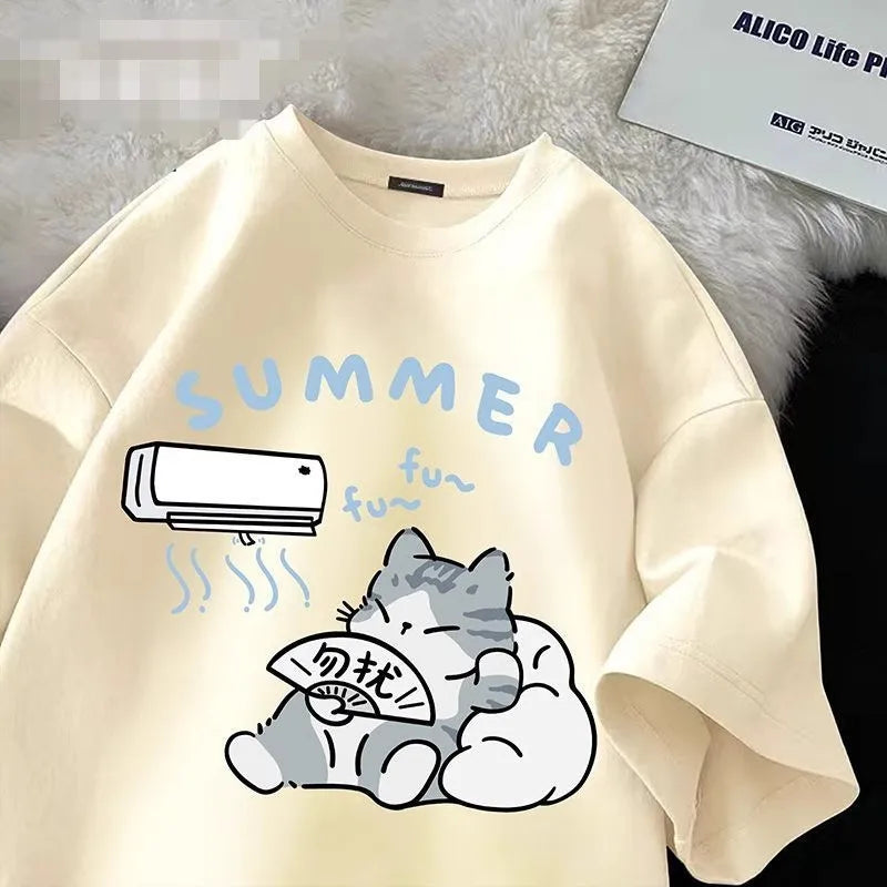 Cartoon Cute Cat Fun Print Short Sleeve T-shirt