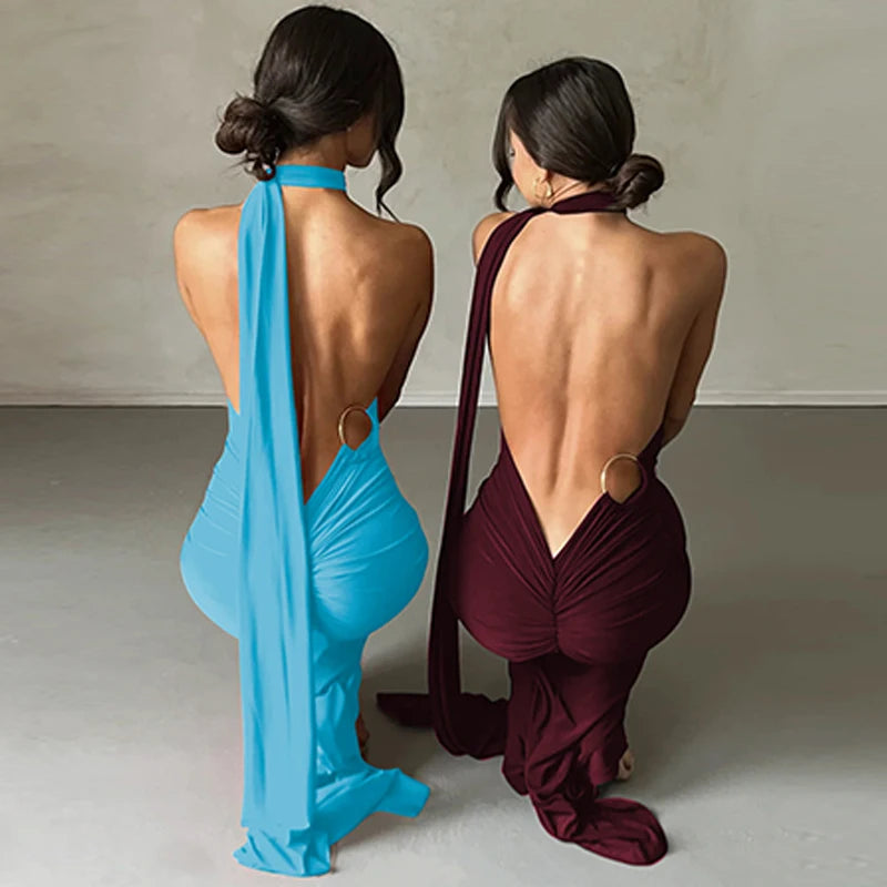 One Shoulder Backless Adjustable Maxi Dress