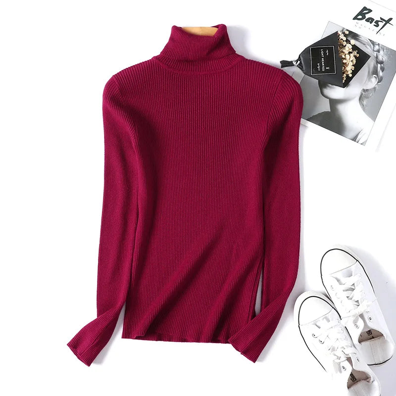 Knitted Foldover Turtleneck Ribbed Pull Sweater