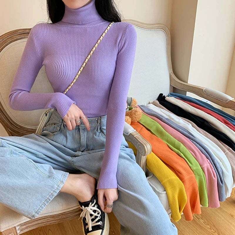 Knitted Foldover Turtleneck Ribbed Pull Sweater