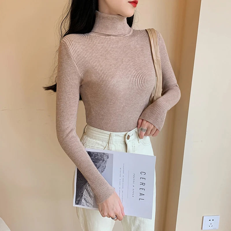 Knitted Foldover Turtleneck Ribbed Pull Sweater