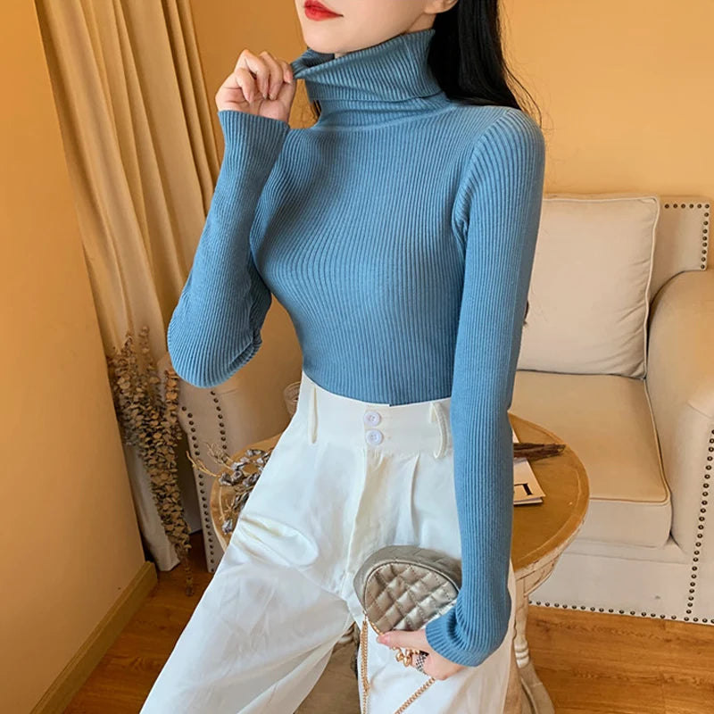 Knitted Foldover Turtleneck Ribbed Pull Sweater