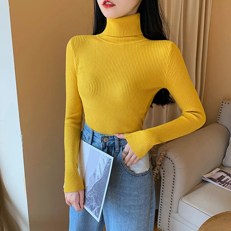 Knitted Foldover Turtleneck Ribbed Pull Sweater