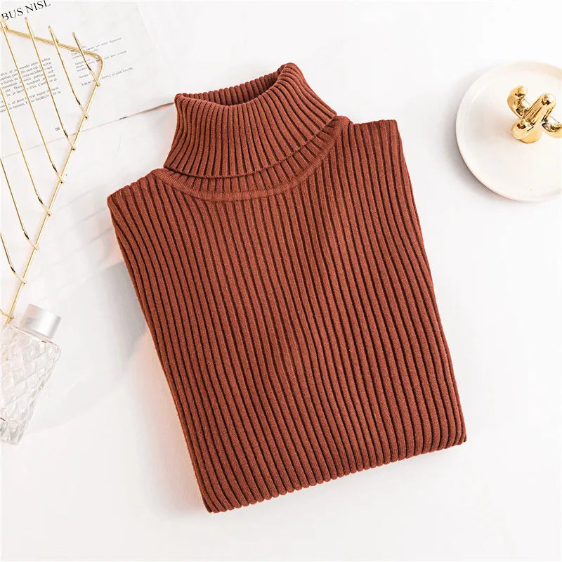 Knitted Foldover Turtleneck Ribbed Pull Sweater