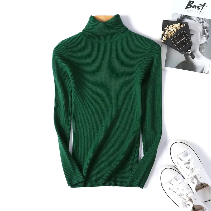 Knitted Foldover Turtleneck Ribbed Pull Sweater