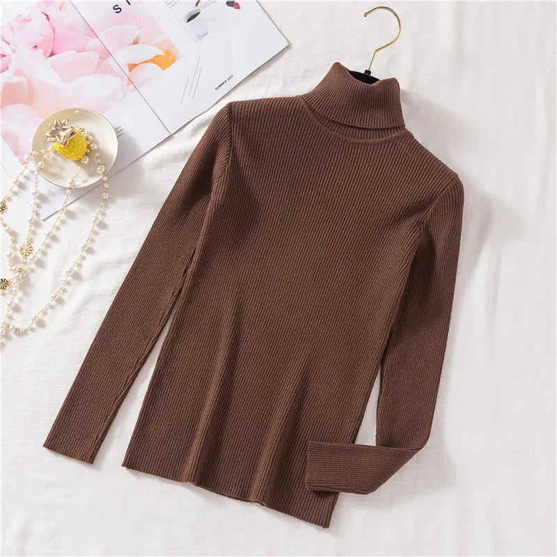 Knitted Foldover Turtleneck Ribbed Pull Sweater