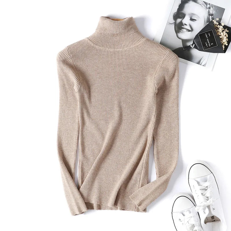 Knitted Foldover Turtleneck Ribbed Pull Sweater