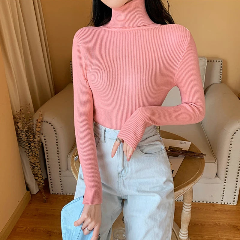 Knitted Foldover Turtleneck Ribbed Pull Sweater