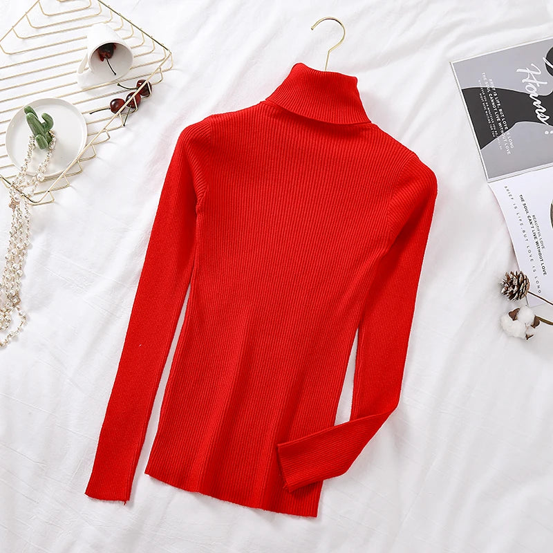 Knitted Foldover Turtleneck Ribbed Pull Sweater