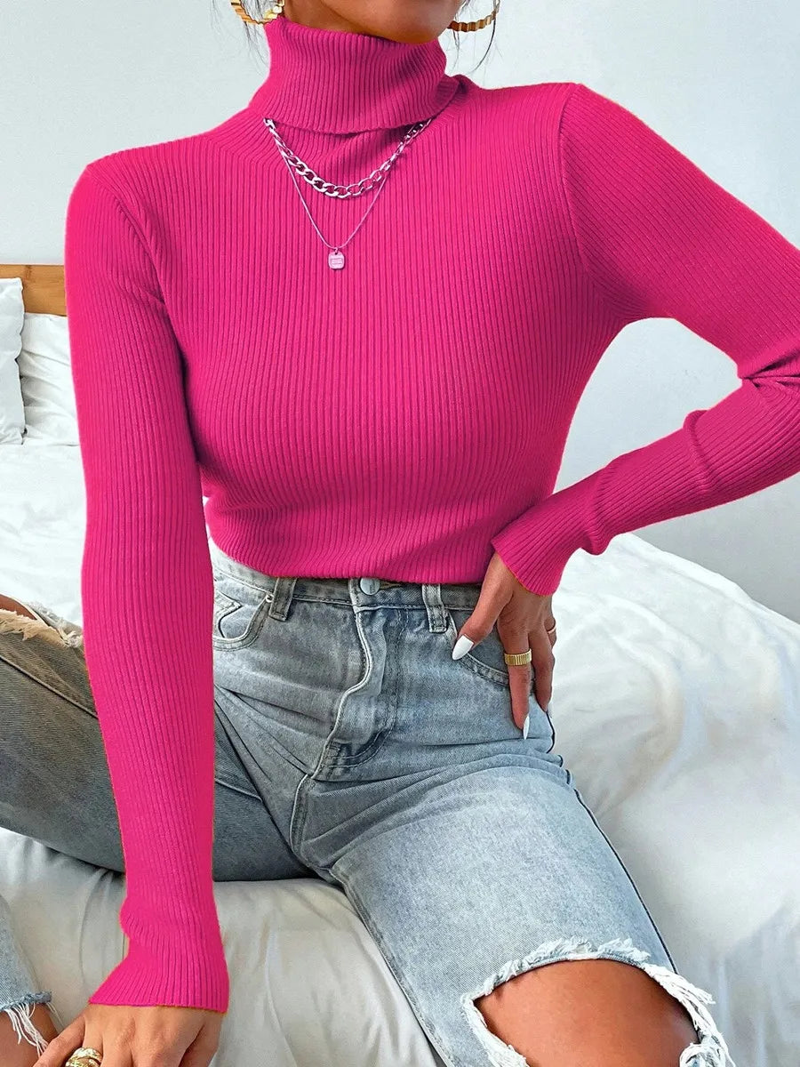 Knitted Foldover Turtleneck Ribbed Pull Sweater