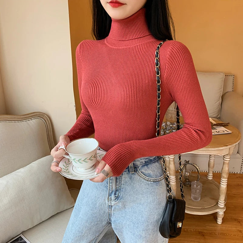 Knitted Foldover Turtleneck Ribbed Pull Sweater
